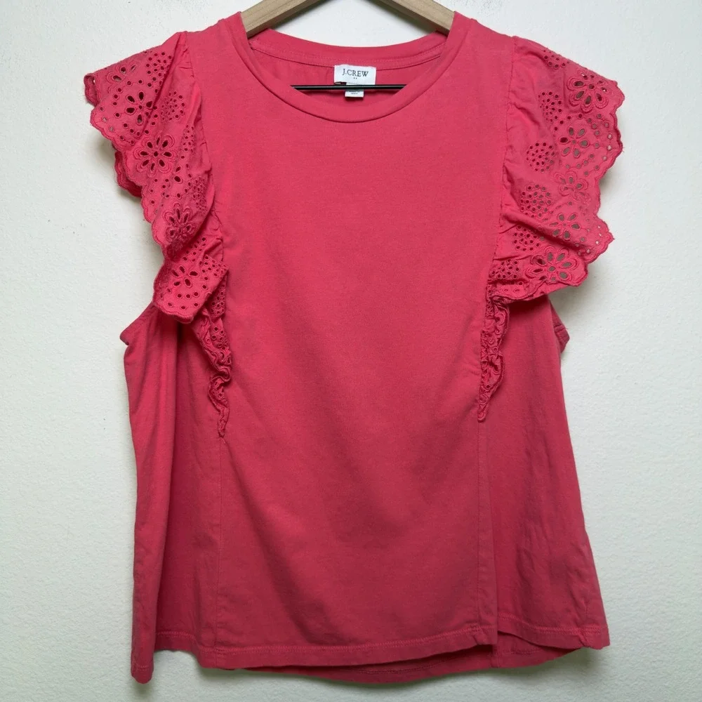 J. Crew Women Preppy 100% Cotton Top XL Pink Eyelet Flutter Ruffle Spring‎ Boho